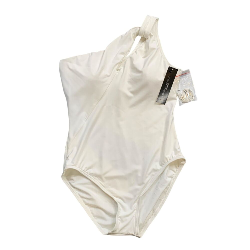 Carmen Marc Valvo Swimsuit Womens 12 White Cutout One Shoulder Padded Swimwear